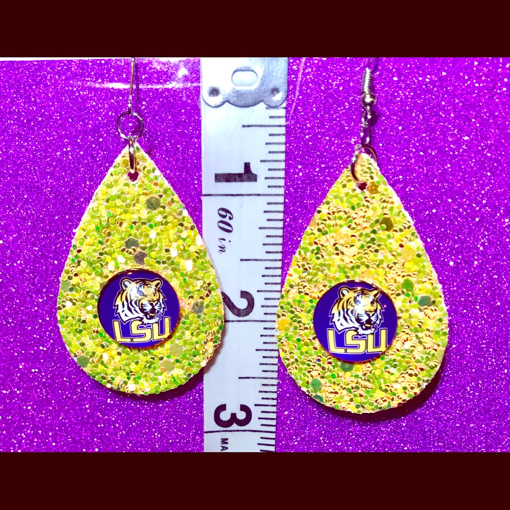 Gold Glitter Drop Lsu Tigers Logo Earrings